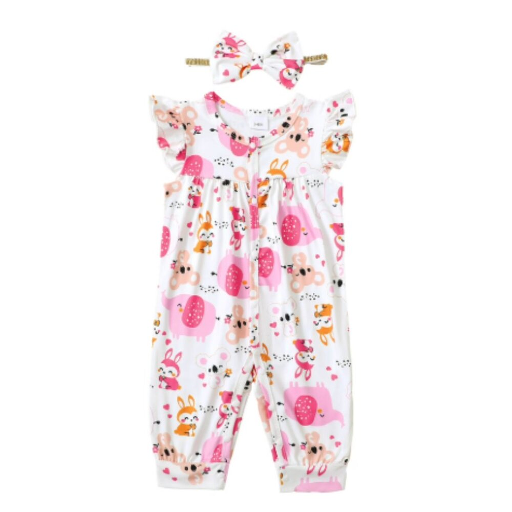 New Baby Girl Romper Ruffle Sleeveless Jumpsuit, Pink Zoo, 6-9M